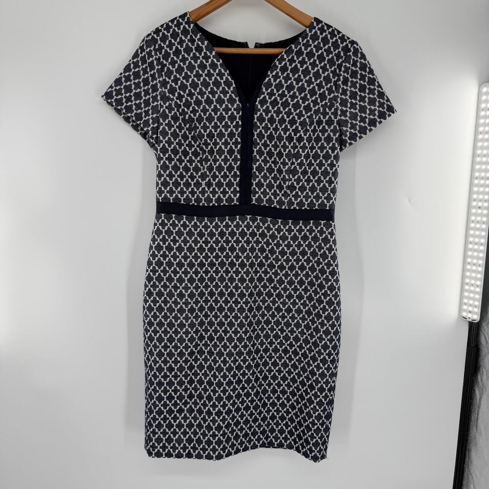 Ann Taylor Womens Size 8 Navy White Geometric Jacquard Sheath Dress Short Sleeve